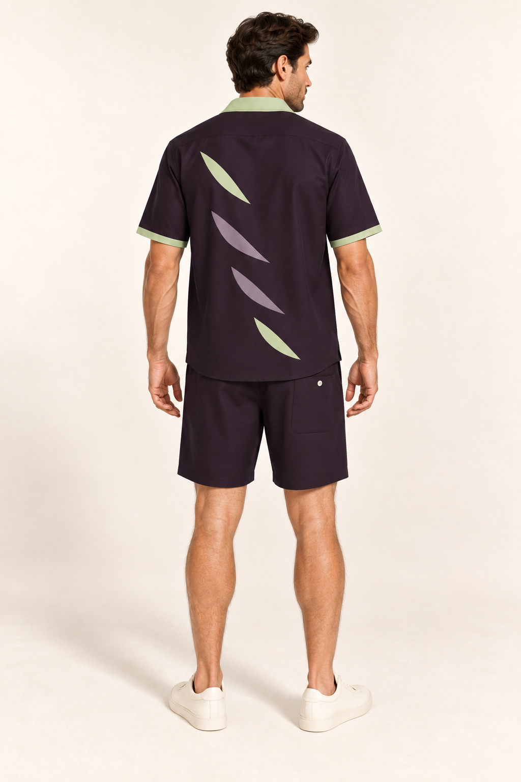 Black Cherry Pistachio cotton satin shirt and shorts set, back model view. AI-generated styling illustration.