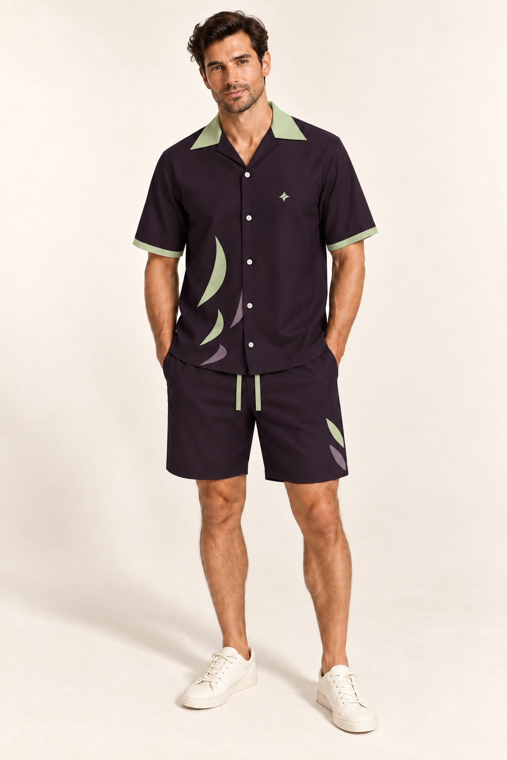 Black Cherry Pistachio cotton satin shirt and shorts set, front model view. AI-generated styling illustration.
