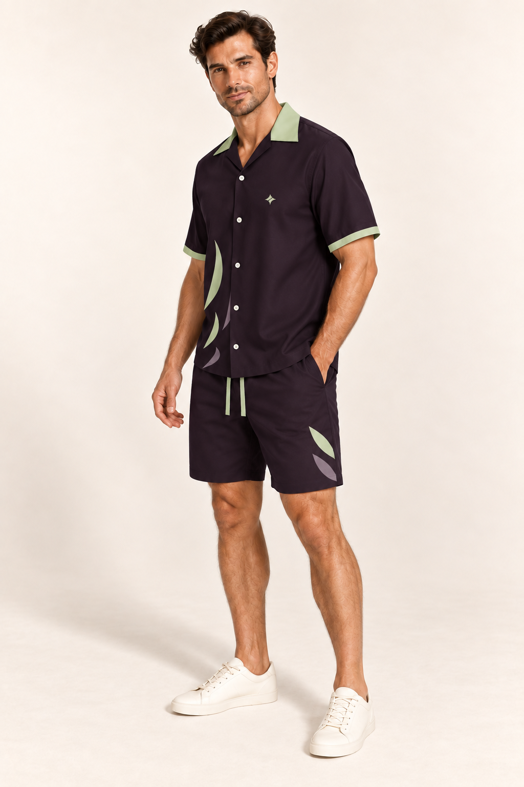 Black Cherry Pistachio cotton satin shirt and shorts set, side model view. AI-generated styling illustration.