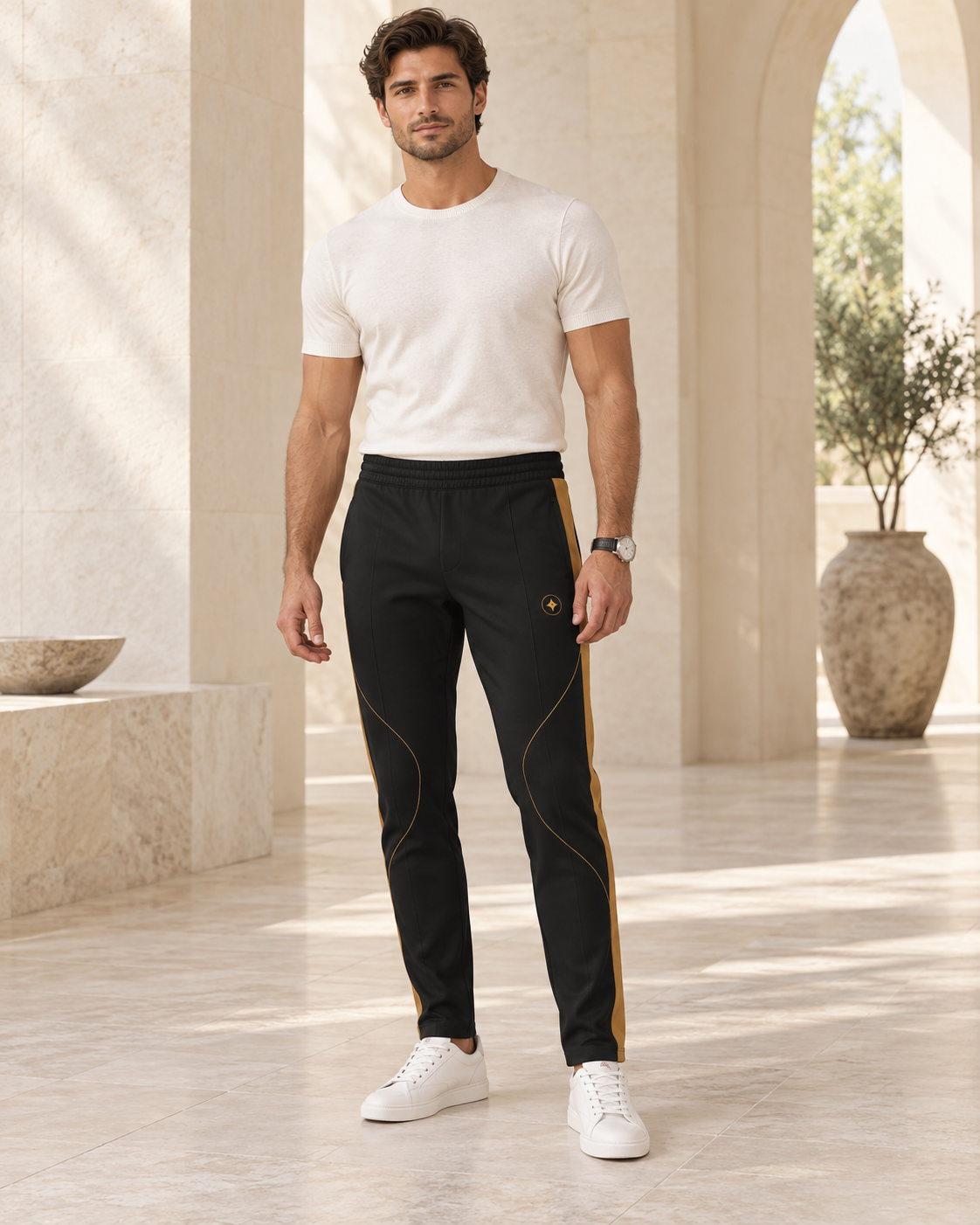 Black Copper Luxury Rox Jersey Track Pants by UNIKCOSA — front model styling view
