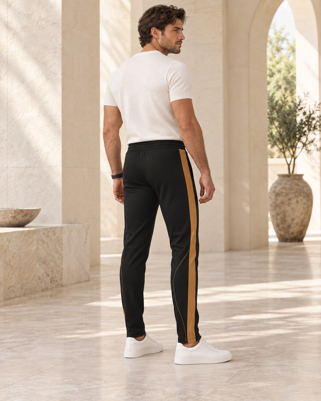 Black Copper Luxury Rox Jersey Track Pants by UNIKCOSA — rear three-quarter model styling view