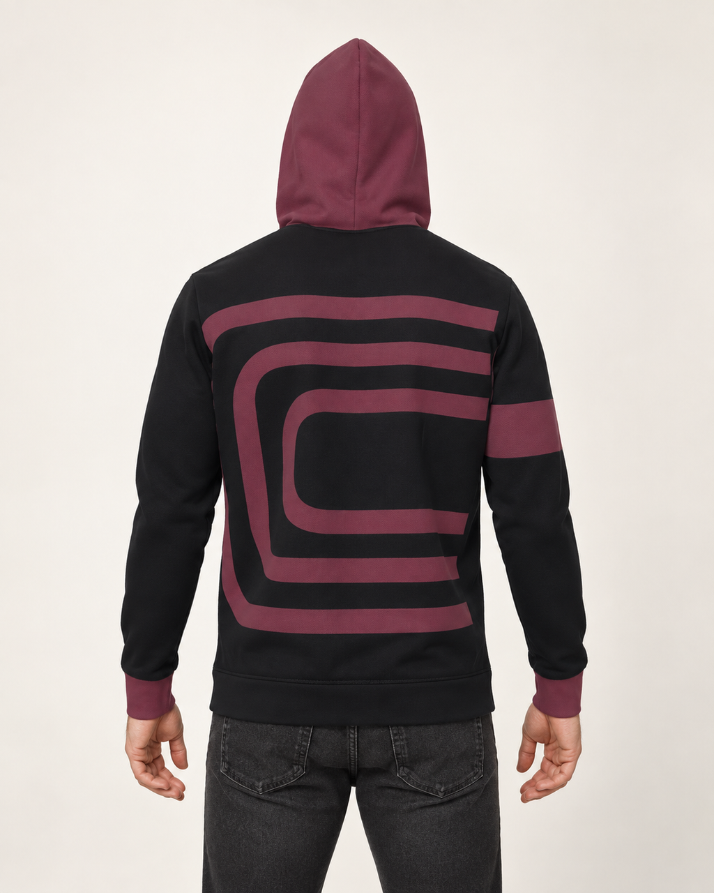 Black Garnet Contour Nero Ponte Hoodie, back on-model AI styling illustration