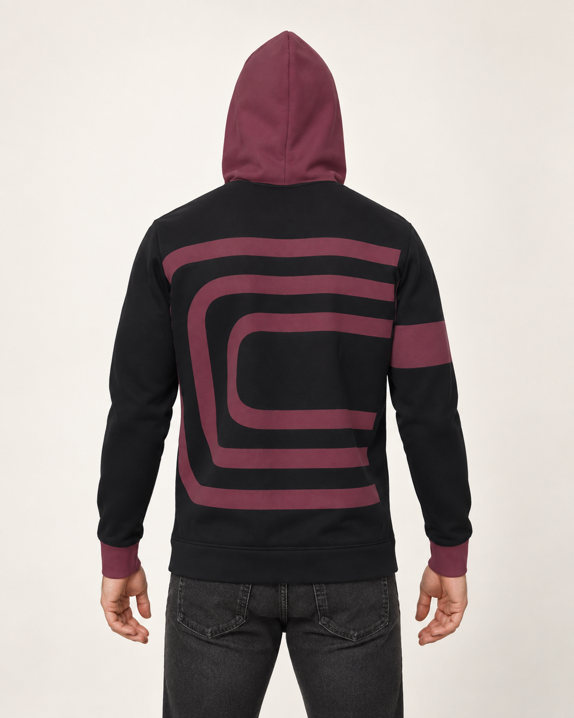 Black Garnet Contour Nero Ponte Hoodie, back on-model AI styling illustration