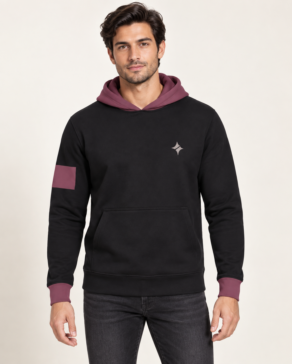 Black Garnet Contour Nero Ponte Hoodie, front on-model AI styling illustration