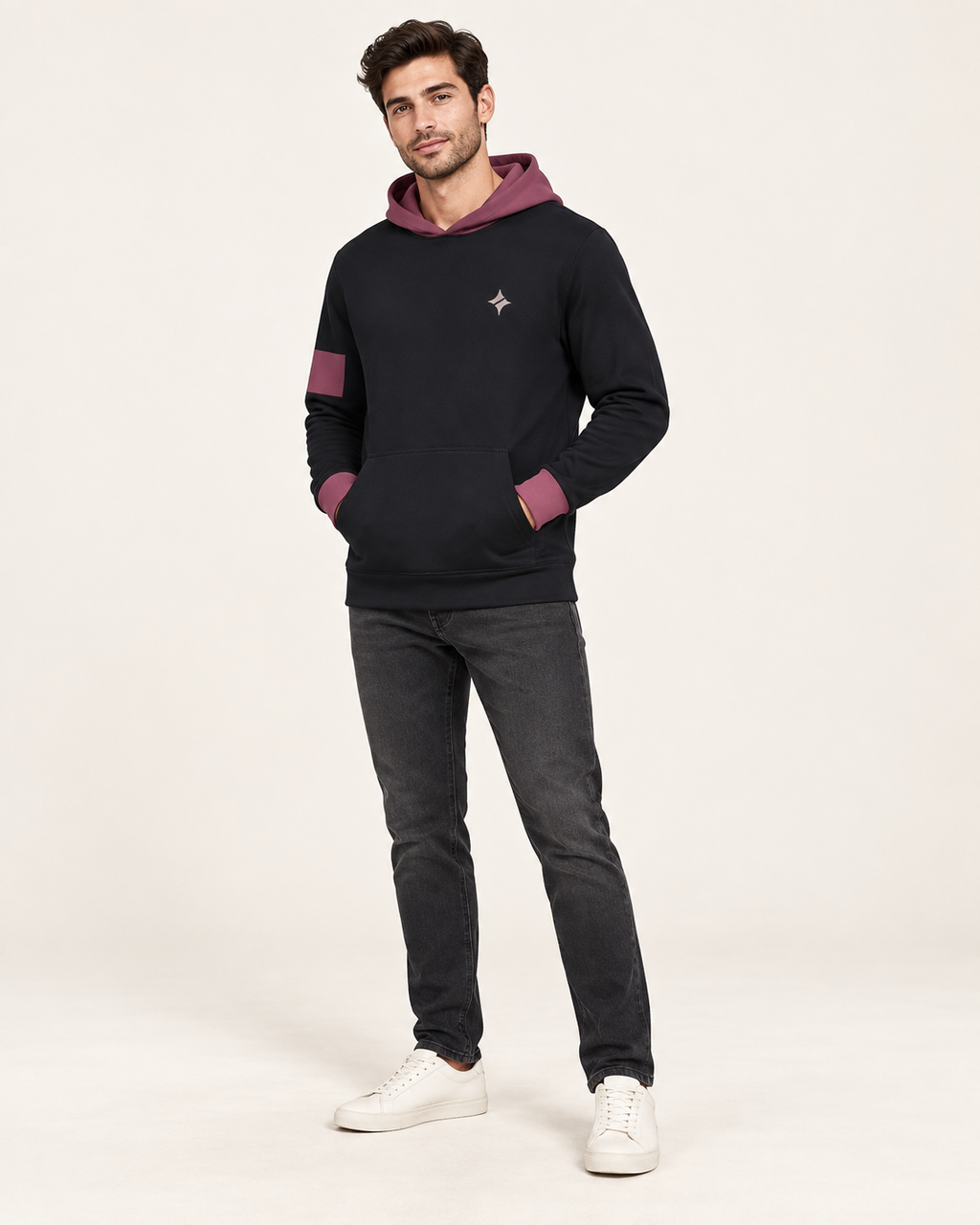 Black Garnet Contour Nero Ponte Hoodie, fullbody on-model AI styling illustration