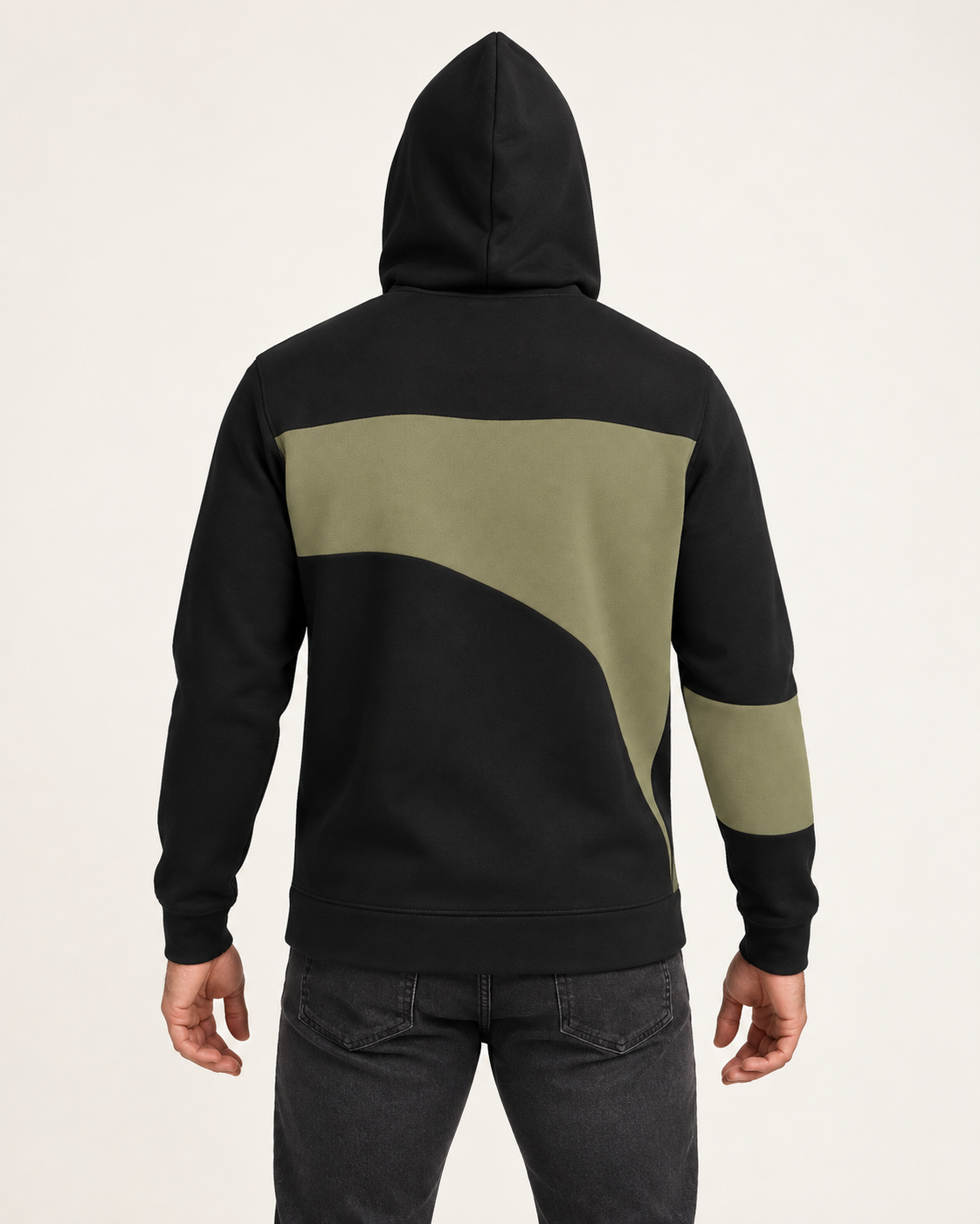 Black Olive Compass Nero Ponte Hoodie, back on-model AI styling illustration
