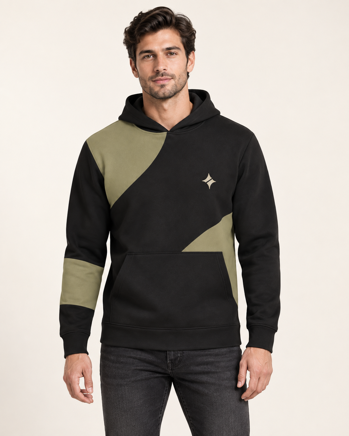 Black Olive Compass Nero Ponte Hoodie, front on-model AI styling illustration