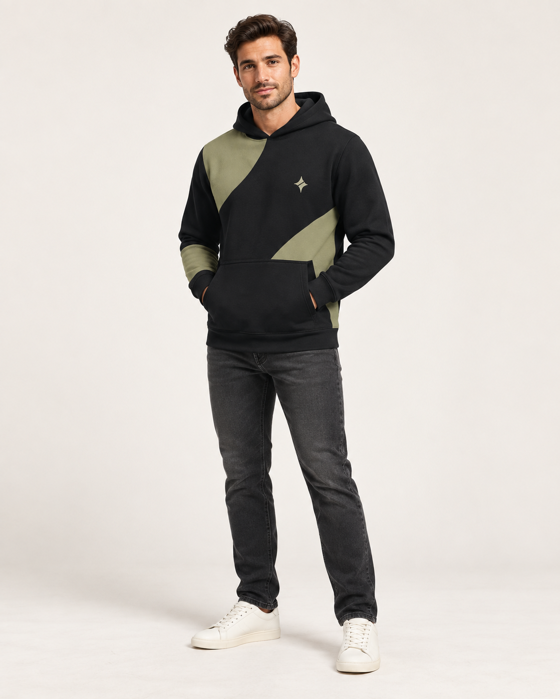 Black Olive Compass Nero Ponte Hoodie, fullbody on-model AI styling illustration