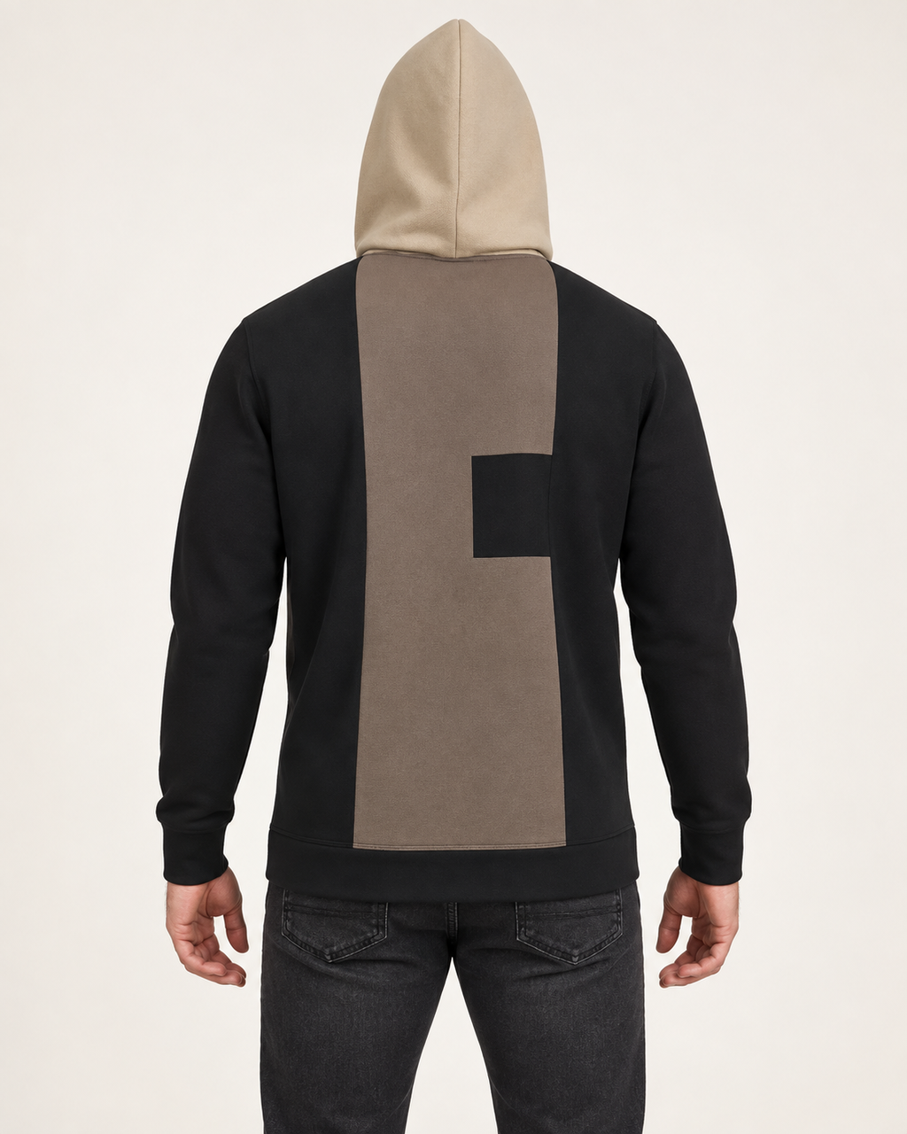 Black Sesame Rail Nero Ponte Hoodie, back on-model AI styling illustration