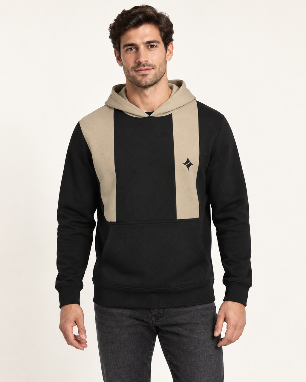 Black Sesame Rail Nero Ponte Hoodie, front on-model AI styling illustration