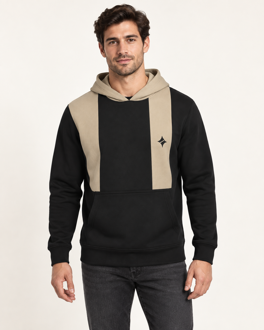 Black Sesame Rail Nero Ponte Hoodie, front on-model AI styling illustration