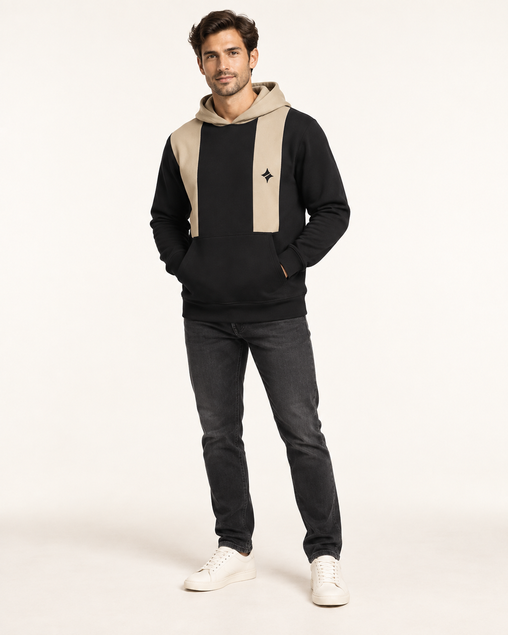 Black Sesame Rail Nero Ponte Hoodie, fullbody on-model AI styling illustration