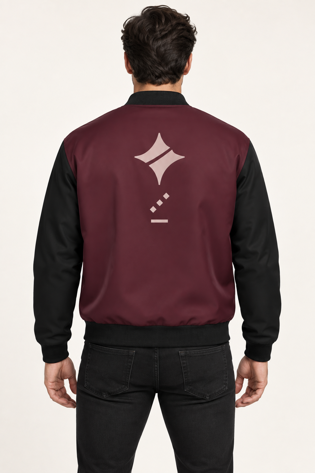 Bordeaux Cadence satin bomber jacket — back on-model styling illustration
