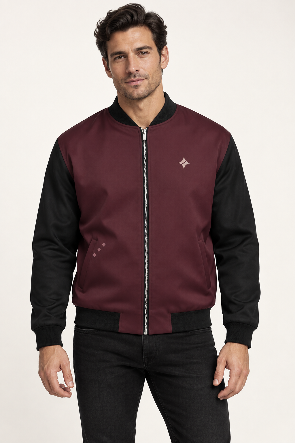 Bordeaux Cadence satin bomber jacket — front on-model styling illustration