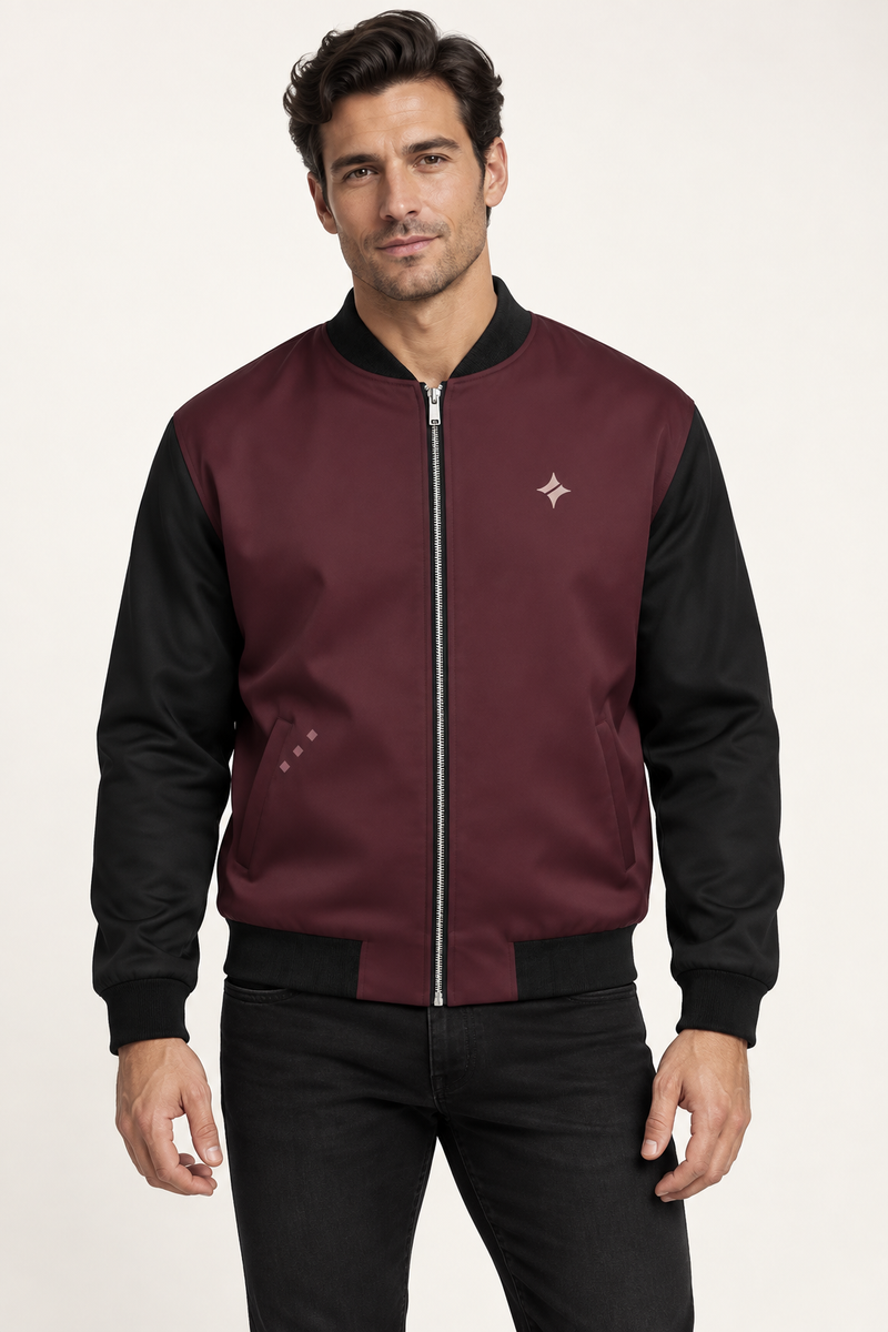 Bordeaux Cadence satin bomber jacket — front on-model styling illustration