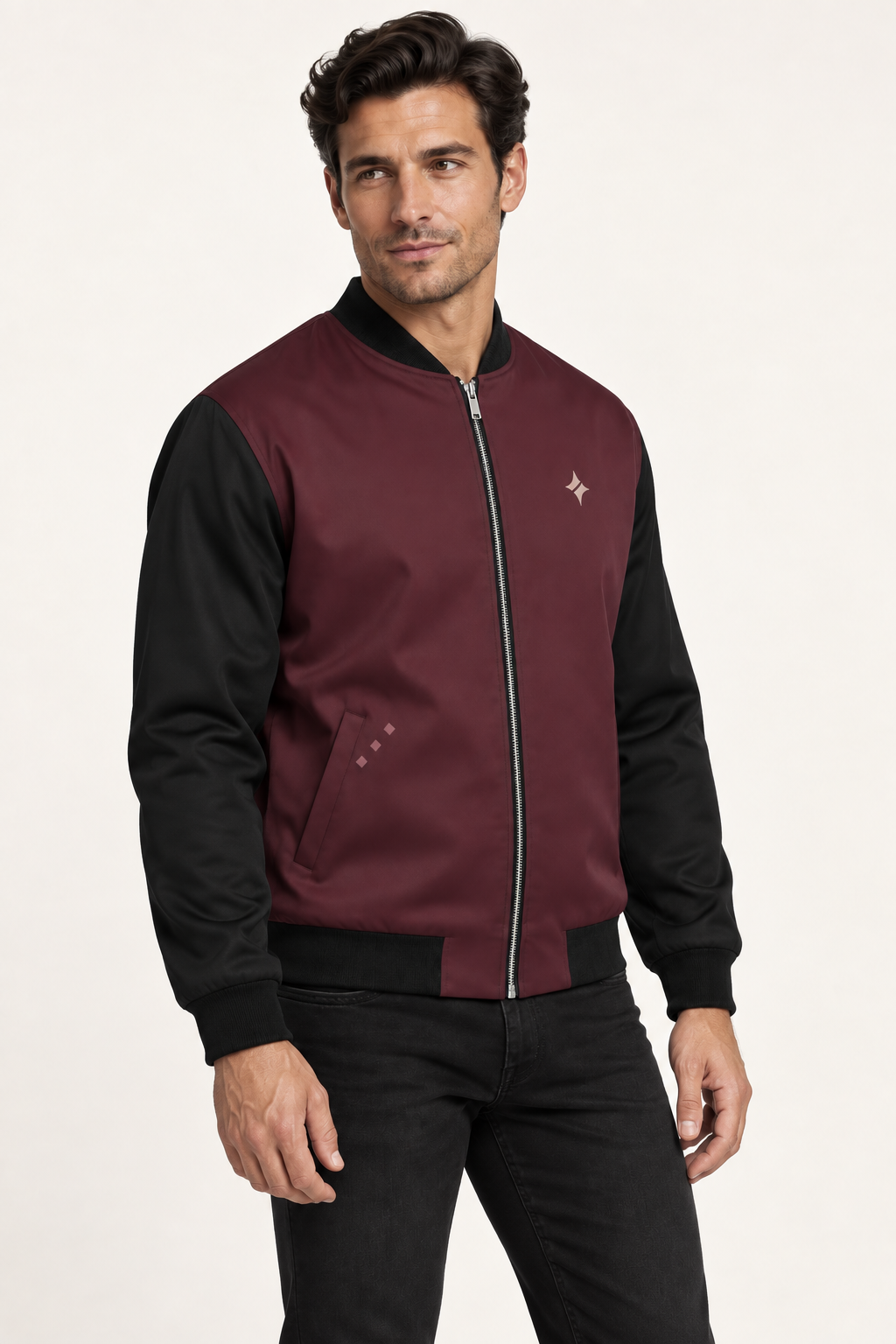 Bordeaux Cadence satin bomber jacket — three-quarter on-model styling illustration
