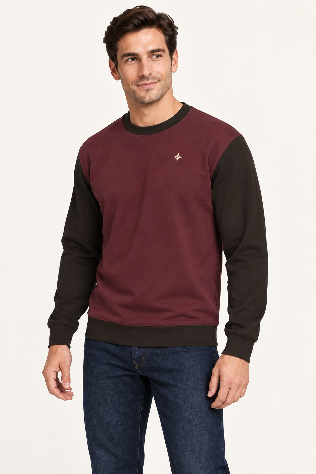 Bordeaux Cocoa sweatshirt, AI-generated three-quarter styling illustration