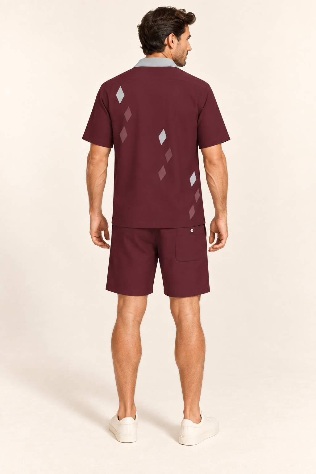 Bordeaux Pewter cotton satin shirt and shorts set, back model view. AI-generated styling illustration.