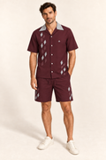 Bordeaux Pewter cotton satin shirt and shorts set, front model view. AI-generated styling illustration.