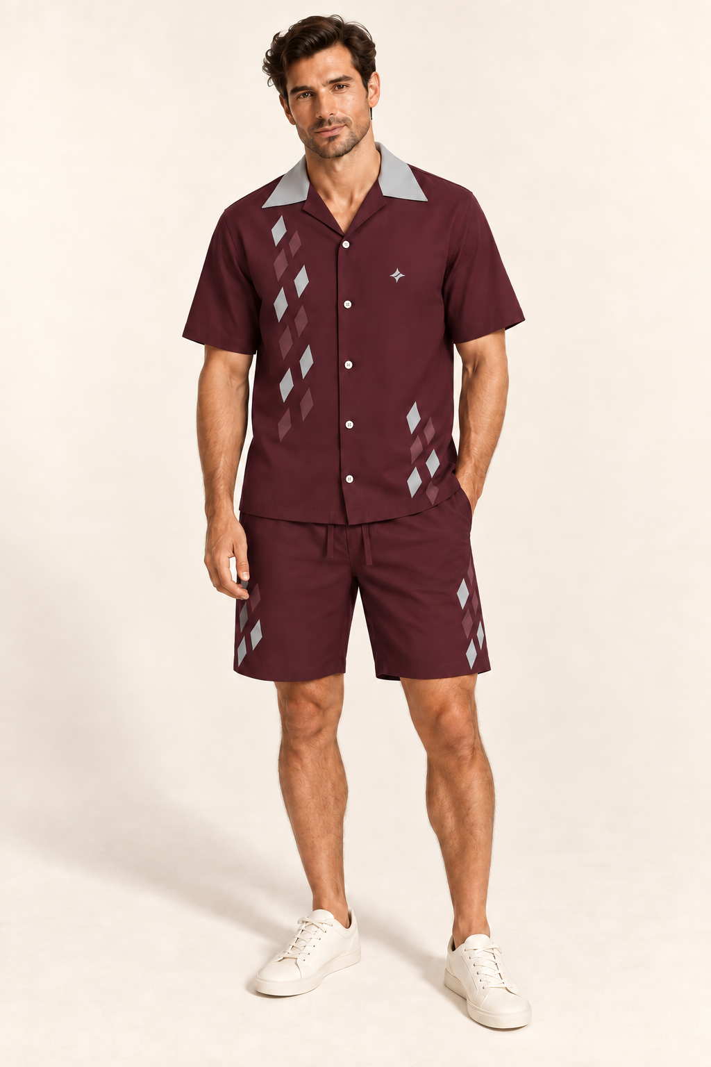 Bordeaux Pewter cotton satin shirt and shorts set, front model view. AI-generated styling illustration.