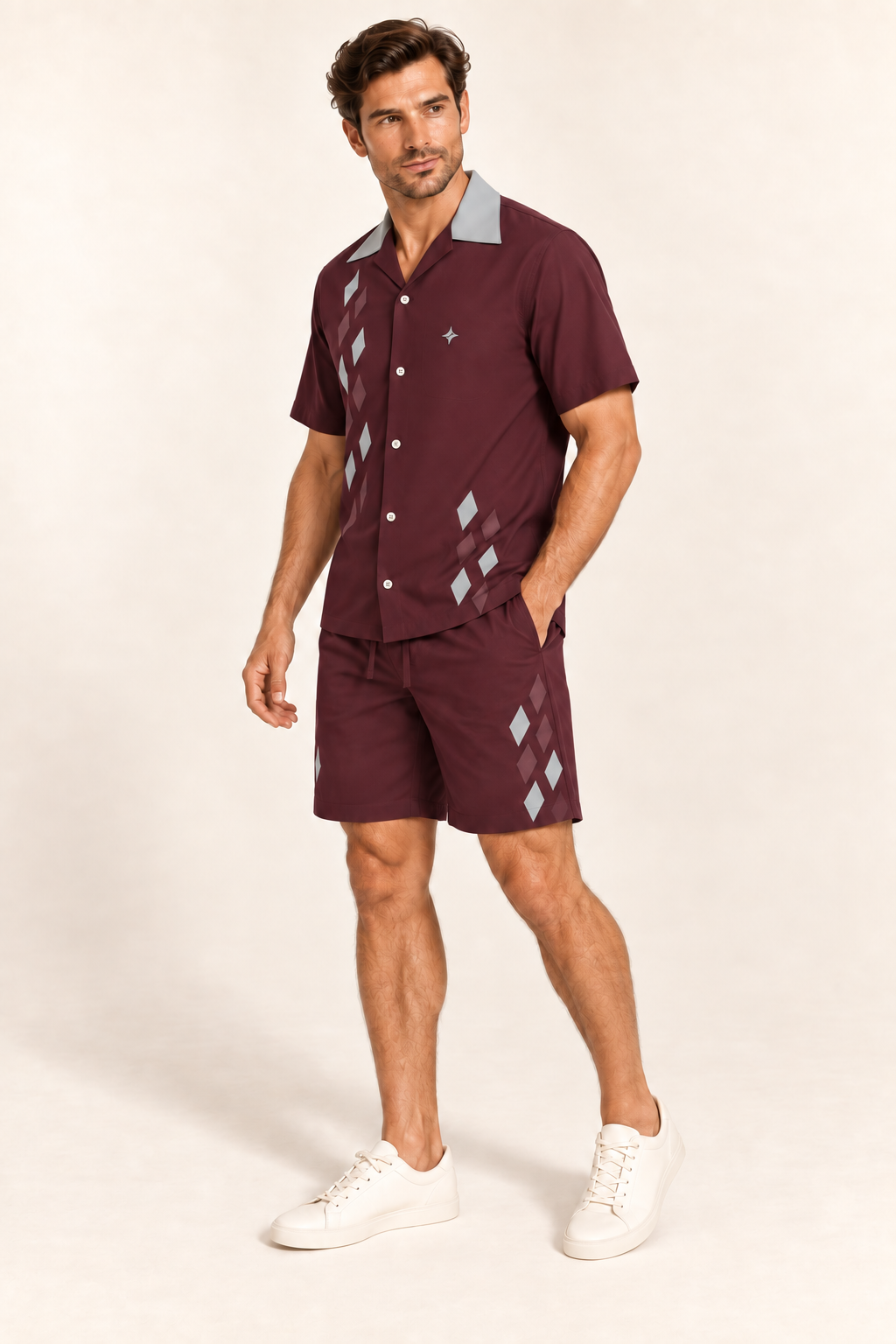 Bordeaux Pewter cotton satin shirt and shorts set, side model view. AI-generated styling illustration.