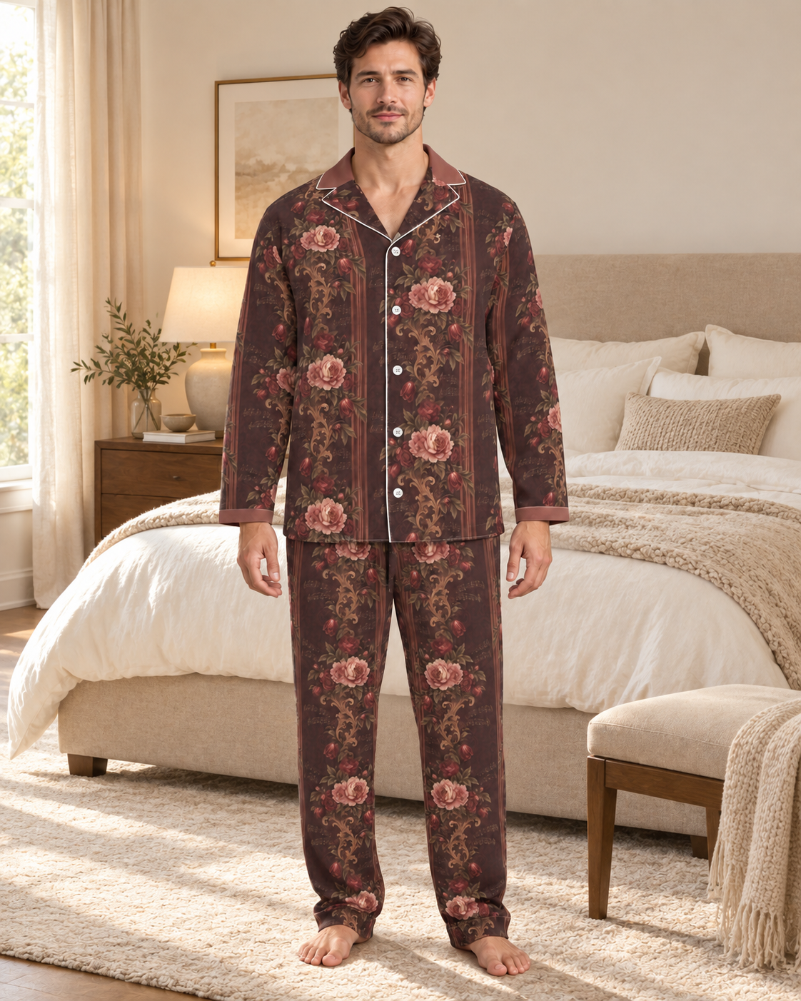 Adult model wearing the Bordeaux Sonata Luxury Pajama Set in a bright bedroom — AI styling illustration