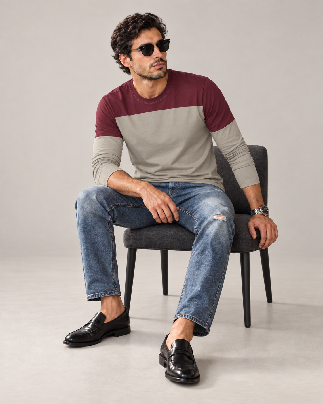 Bordeaux Stone Luxury Bounce Cotton Long Sleeve T-Shirt by UNIKCOSA, seated with sleeves styled on a plain stone-grey background — AI styling visual