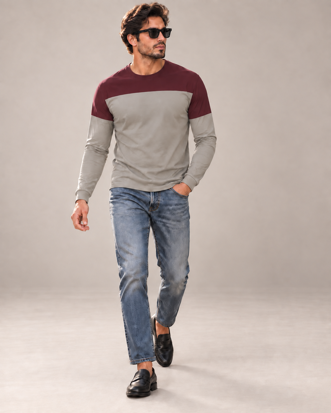 Bordeaux Stone Luxury Bounce Cotton Long Sleeve T-Shirt by UNIKCOSA, walking in a plain indoor studio with straight jeans and black loafers — AI styling visual