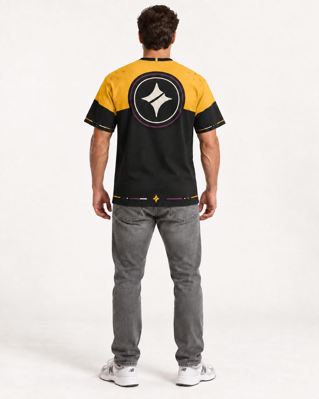 Solar Regalia — AI styling illustration, rear view with centered neck marker