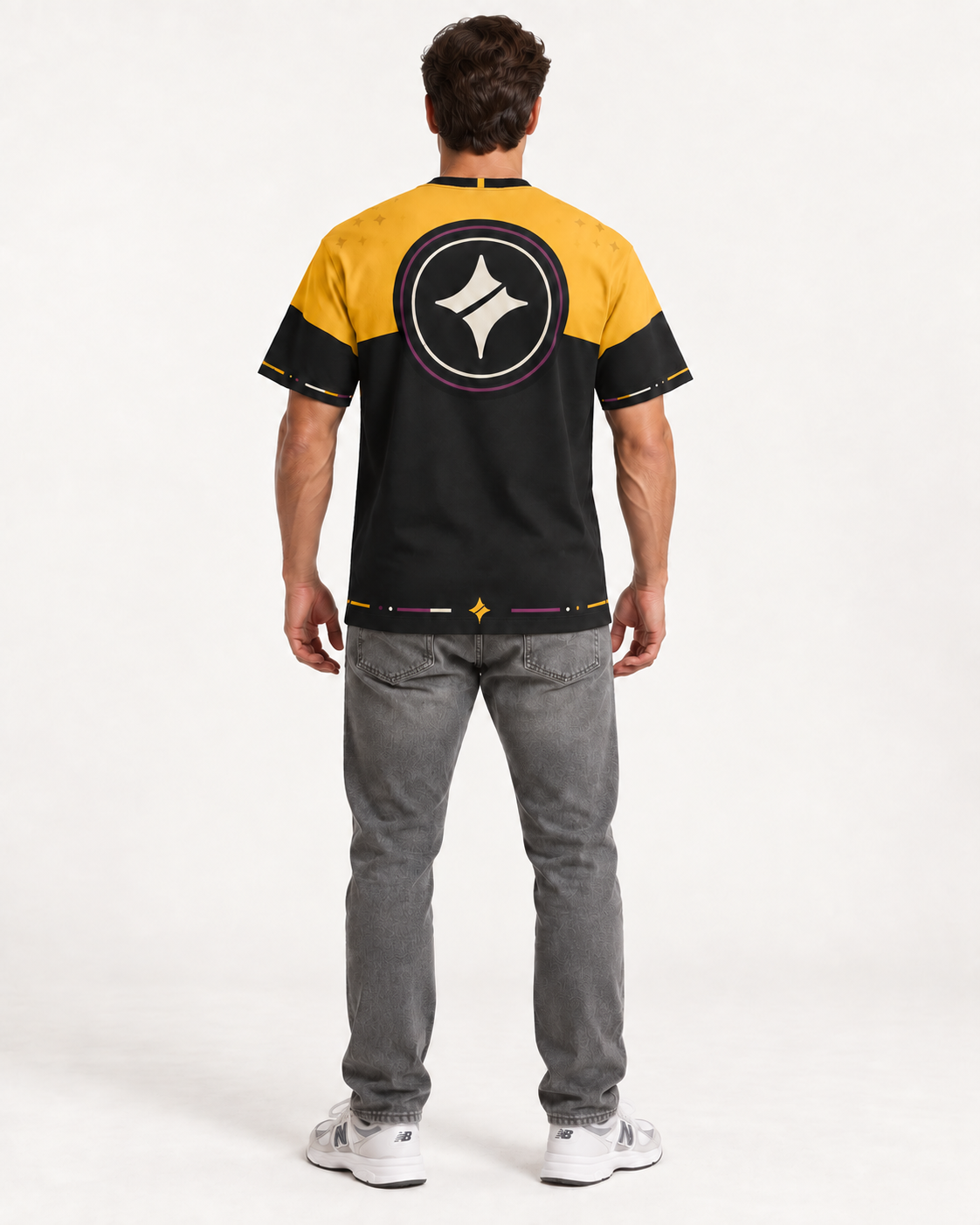 Solar Regalia — AI styling illustration, rear view with centered neck marker