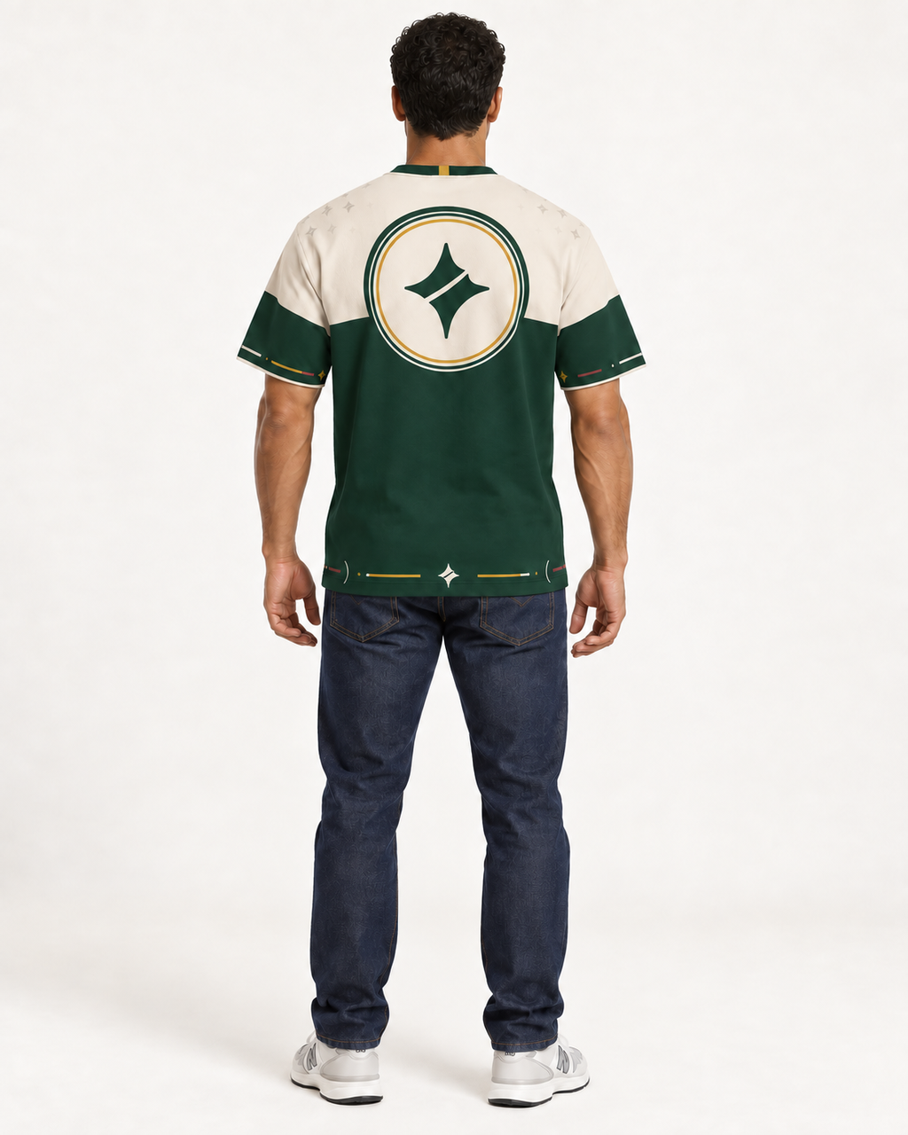 Forest Ivory Regalia — AI styling illustration, rear view with centered neck marker