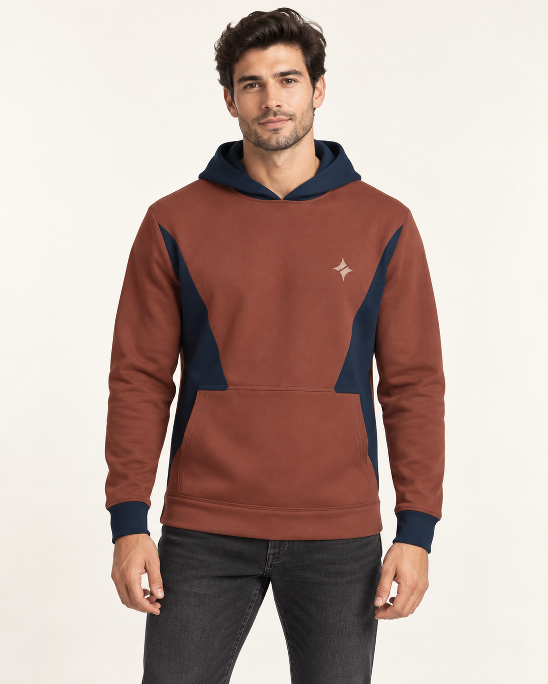 Brick Midnight Bays Nero Ponte Hoodie, front on-model AI styling illustration