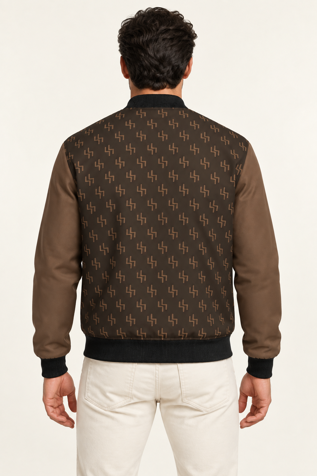 Bronze Loom satin bomber jacket — back on-model styling illustration