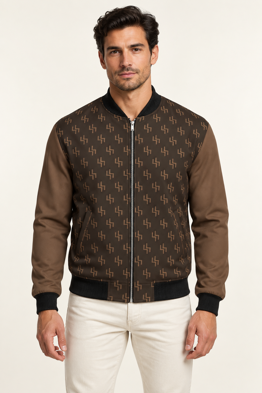 Bronze Loom satin bomber jacket — front on-model styling illustration