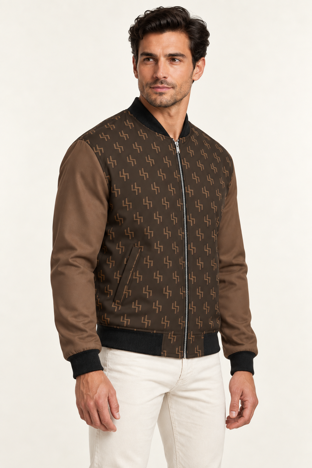 Bronze Loom satin bomber jacket — three-quarter on-model styling illustration