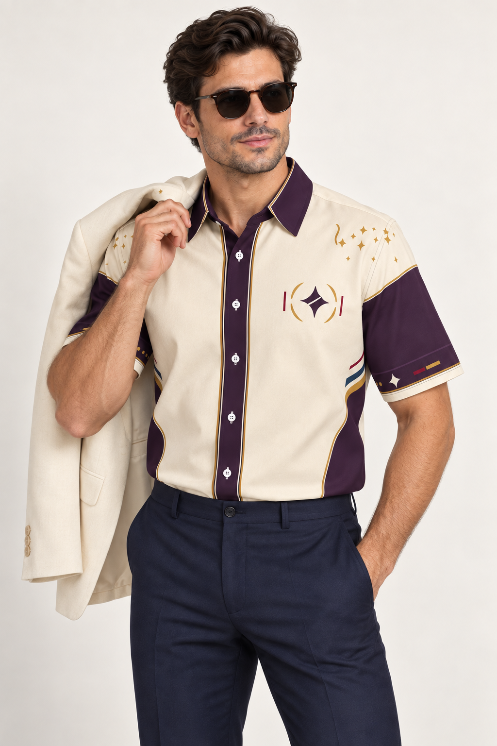 UNIKCOSA Royal Promenade cotton satin shirt, editorial model view — AI styling illustration