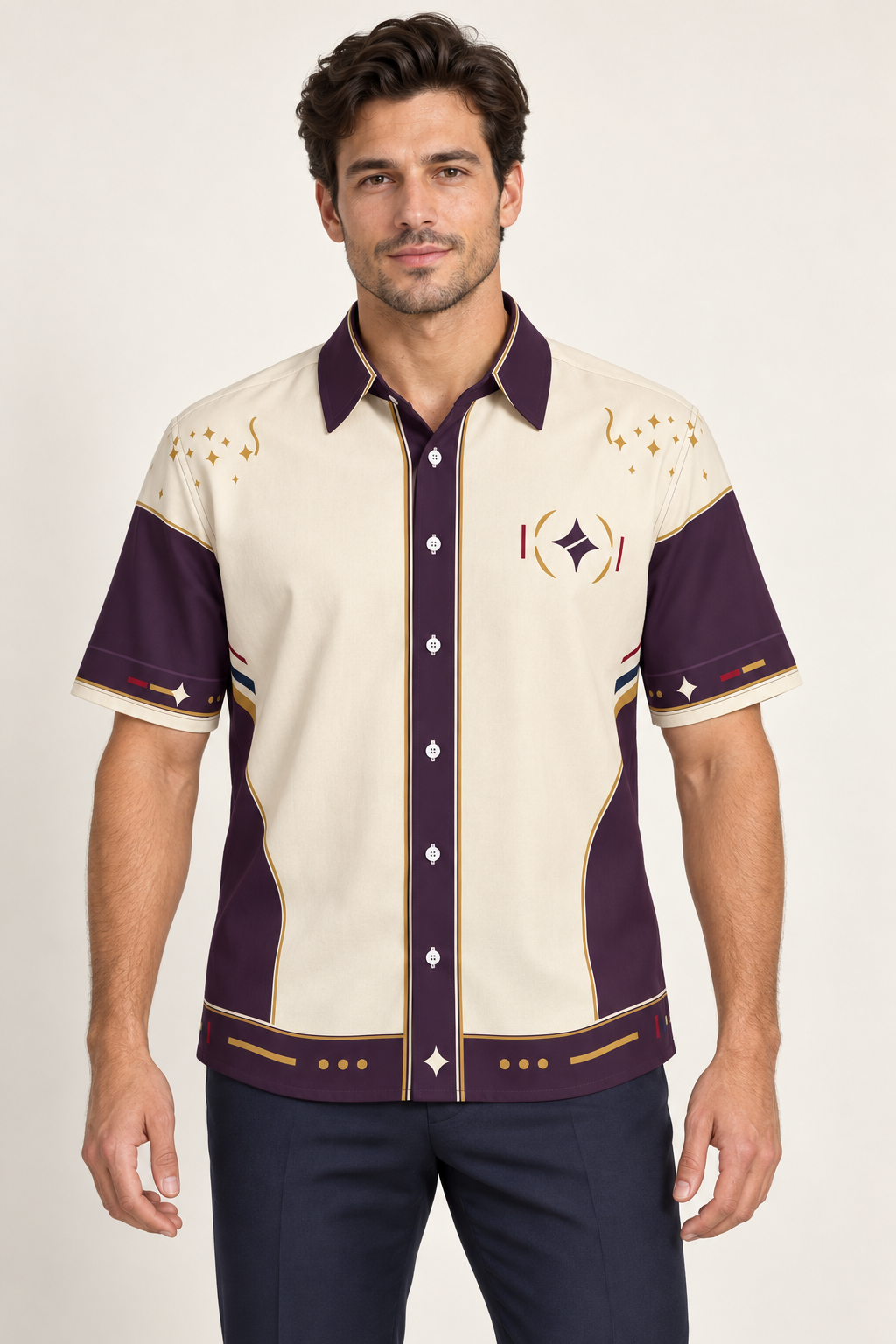 UNIKCOSA Royal Promenade cotton satin shirt, front model view — AI styling illustration