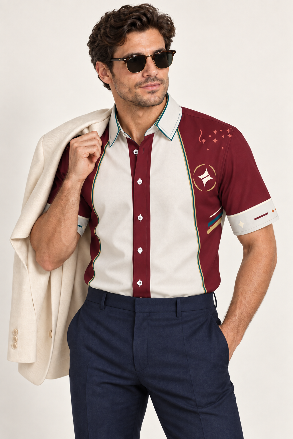 UNIKCOSA Imperial Colonnade cotton satin shirt, editorial model view — AI styling illustration
