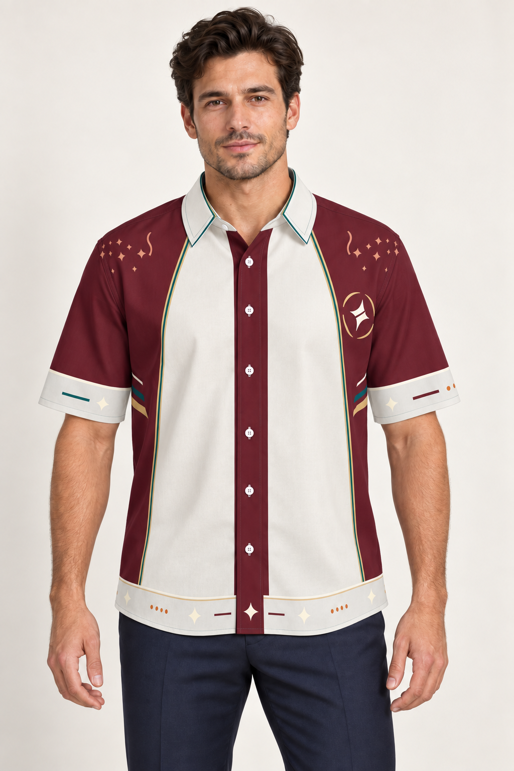 UNIKCOSA Imperial Colonnade cotton satin shirt, front model view — AI styling illustration