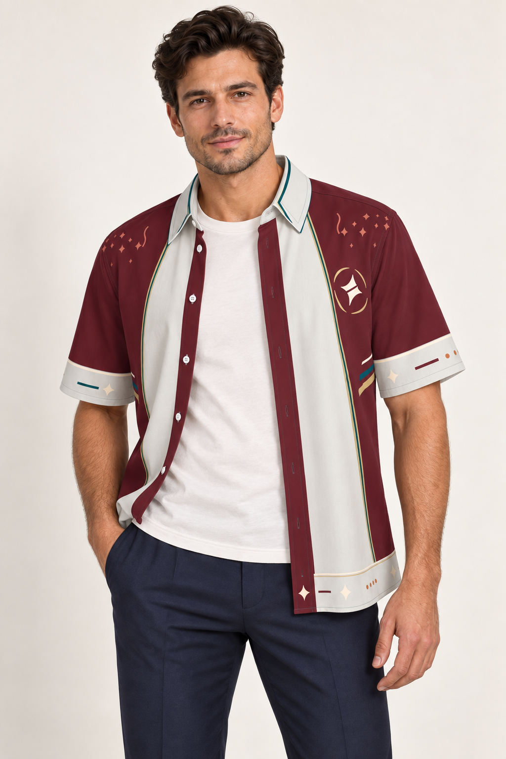 UNIKCOSA Imperial Colonnade cotton satin shirt worn open over a plain white T-shirt, open model view — AI styling illustration