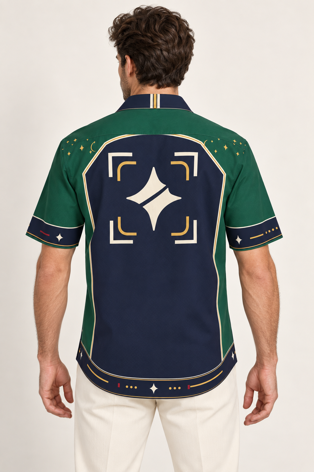 UNIKCOSA Emerald Loggia cotton satin shirt, back model view — AI styling illustration