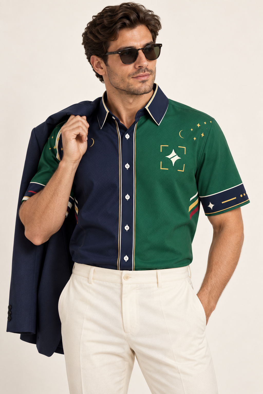 UNIKCOSA Emerald Loggia cotton satin shirt, editorial model view — AI styling illustration