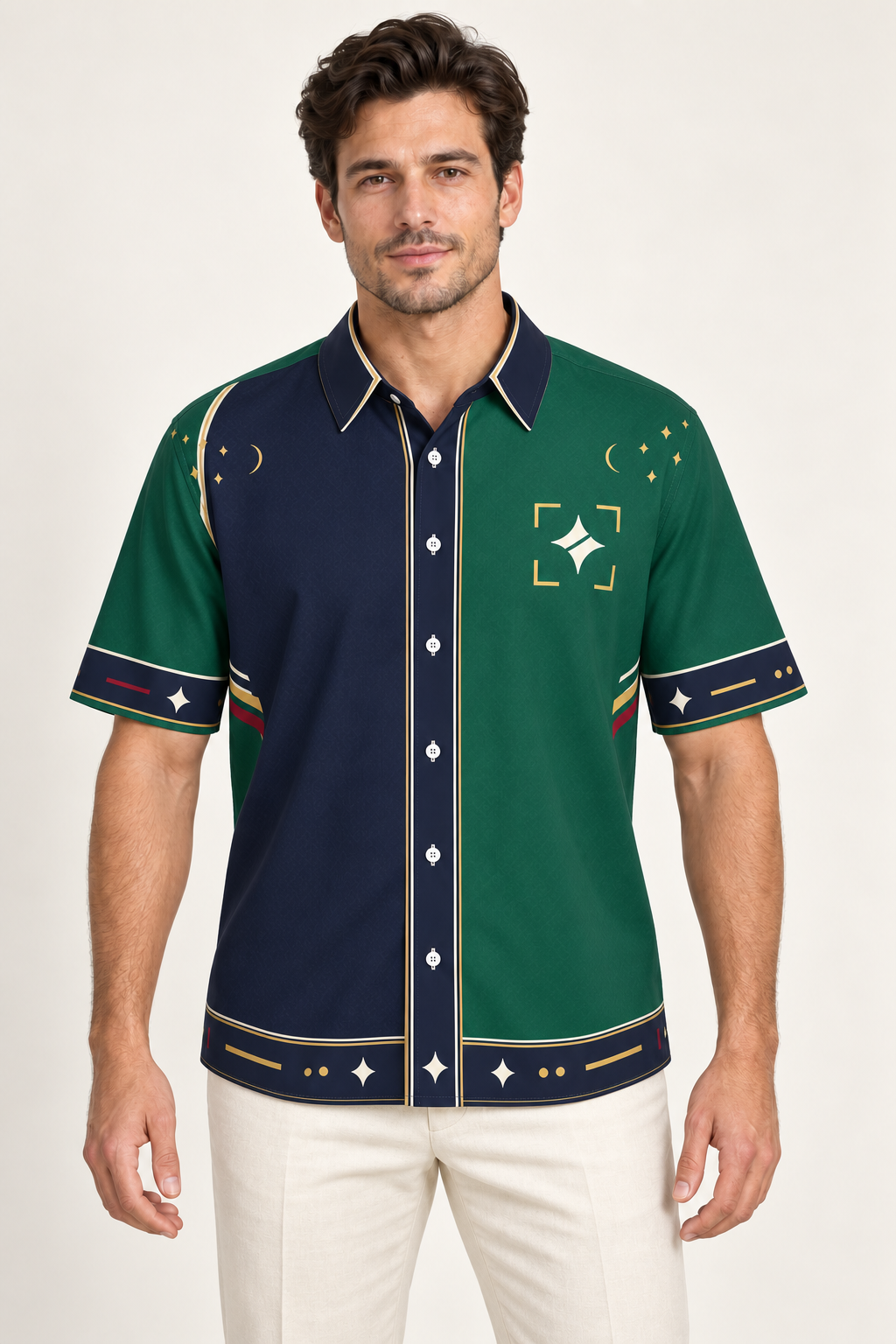 UNIKCOSA Emerald Loggia cotton satin shirt, front model view — AI styling illustration