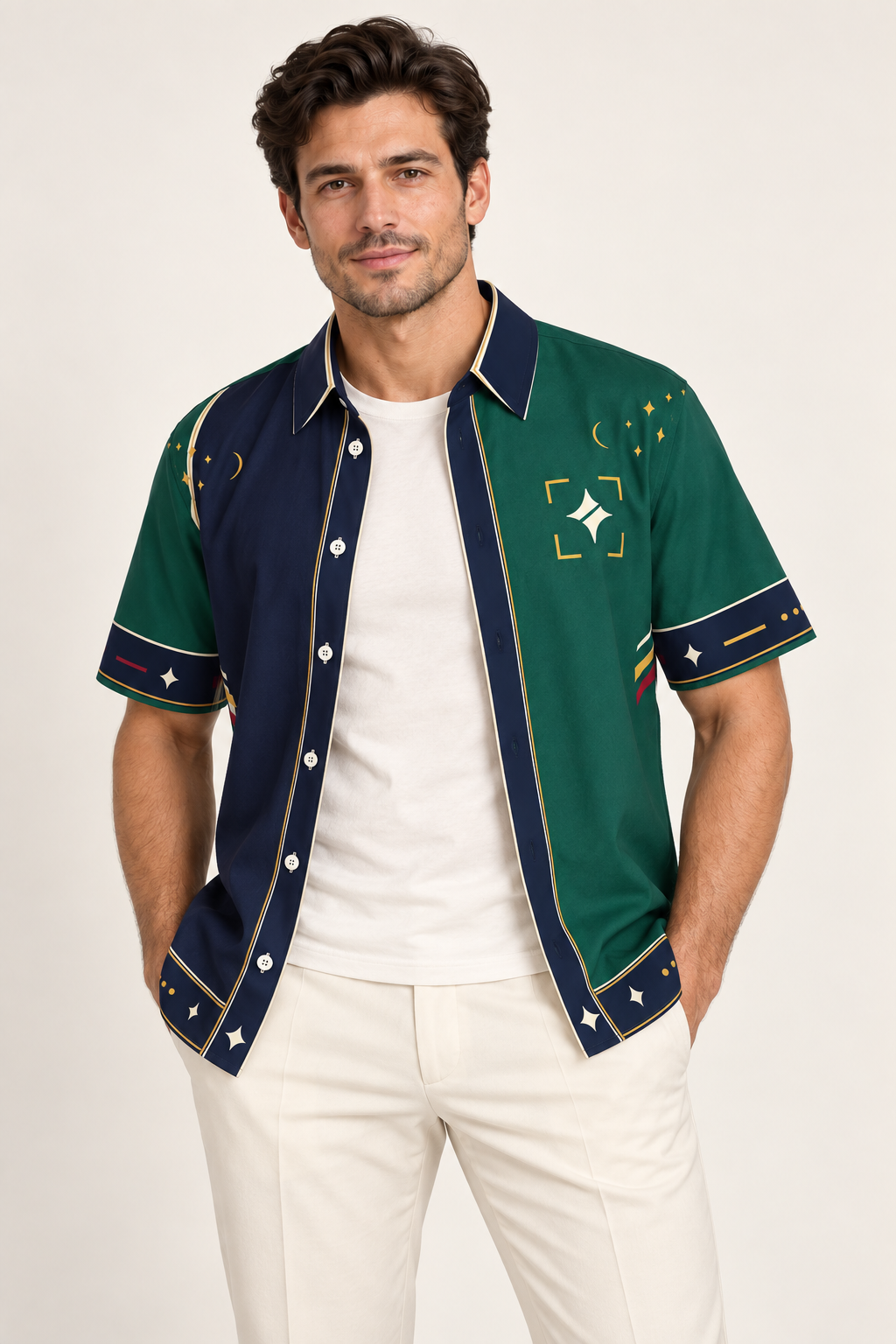 UNIKCOSA Emerald Loggia cotton satin shirt, open model view — AI styling illustration