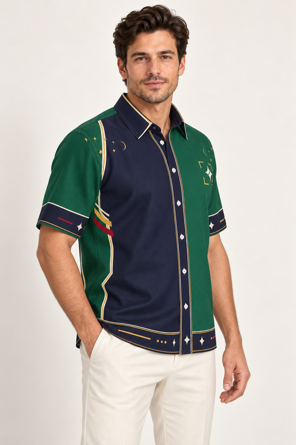 UNIKCOSA Emerald Loggia cotton satin shirt, side model view — AI styling illustration