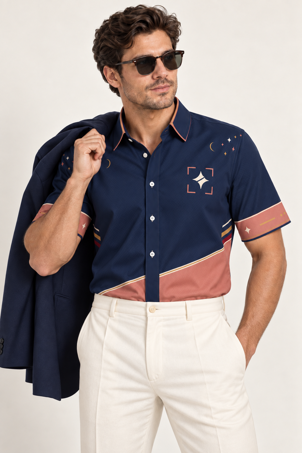 UNIKCOSA Midnight Rose Tide cotton satin shirt, editorial model view — AI styling illustration