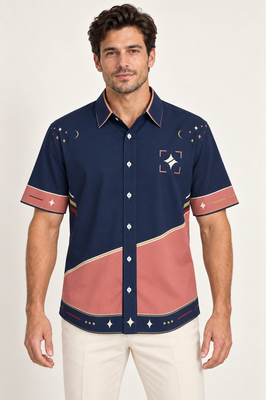 UNIKCOSA Midnight Rose Tide cotton satin shirt, front model view — AI styling illustration