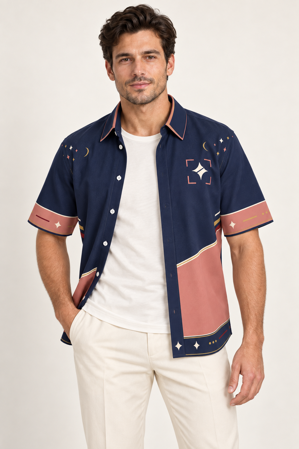 UNIKCOSA Midnight Rose Tide cotton satin shirt, open model view — AI styling illustration