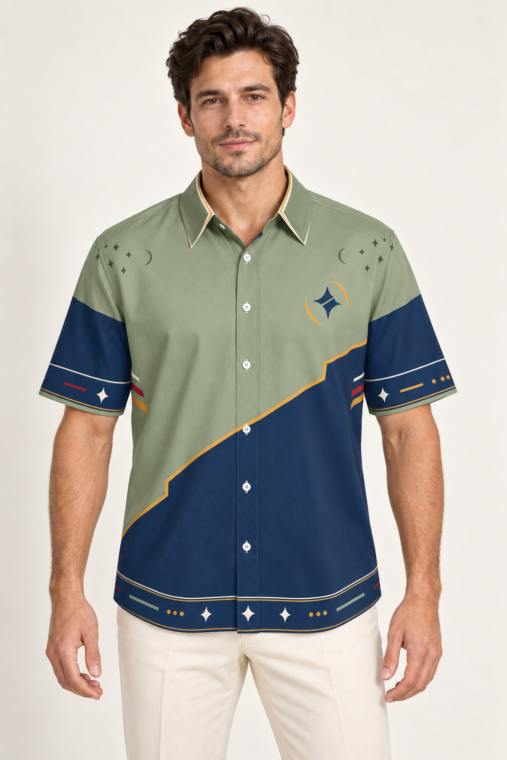 UNIKCOSA Sage Pavilion cotton satin shirt, front model view — AI styling illustration