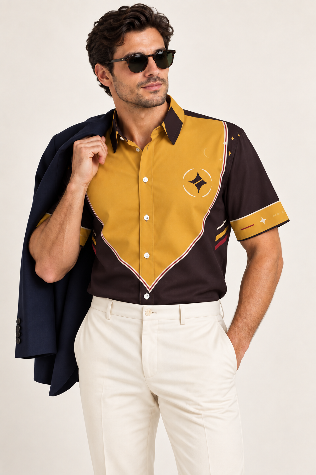 UNIKCOSA Solar Portico cotton satin shirt, editorial model view — AI styling illustration